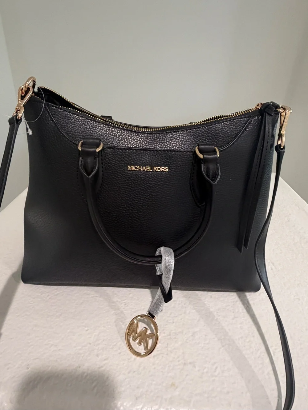 Michael Kors Black Pebbled Leather Satchel with Gold Hardware